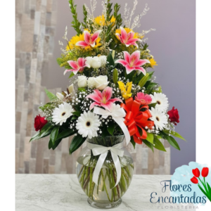 Jarrón con Lirios, gerberas y rosas