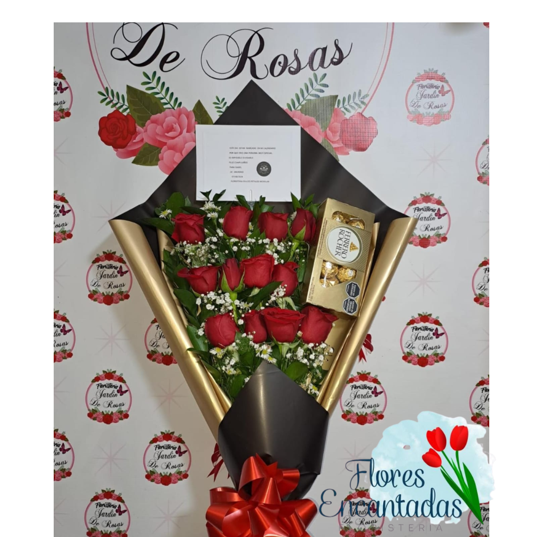 Arreglo Floral con 18 Rosas Rojas + chocolates