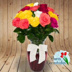 Jarrón con 18 Rosas Amarillas y rojas