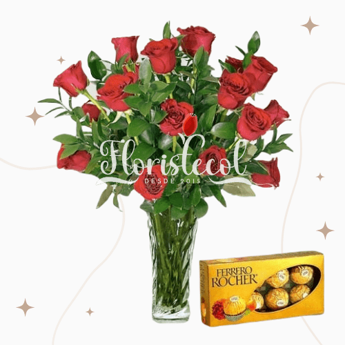 Jarrón con 12 Rosas + Caja de Chocolates