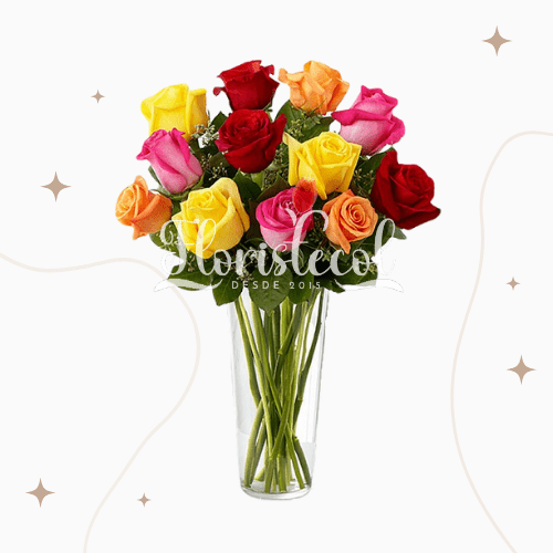 Jarrón con 12 Rosas Arcoiris